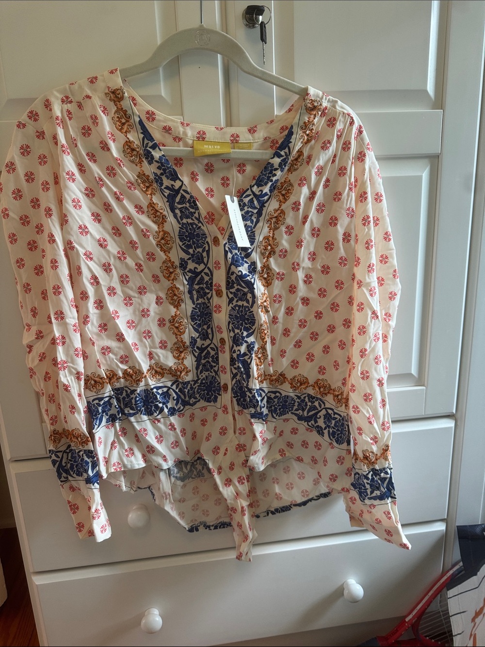 Maeve White Floral Border Tie-Front Blouse with Blue & Gold Trim
